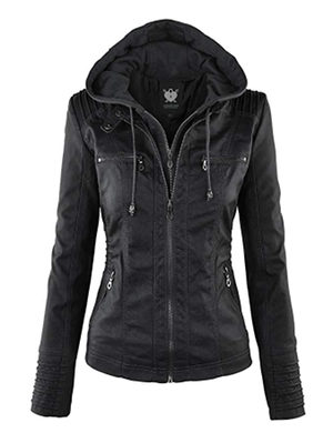 WJC663 Womens Removable Hoodie Motorcyle Jacket M Black